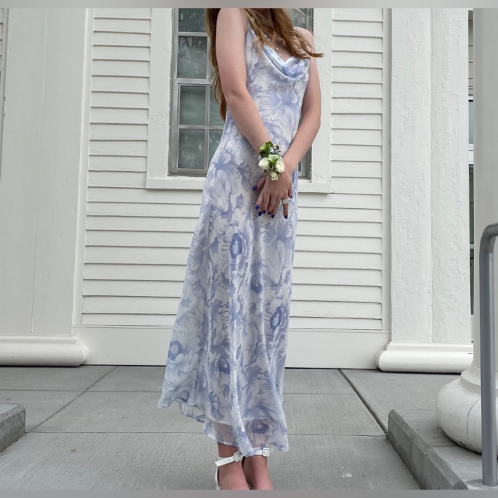 white and blue flowy dress